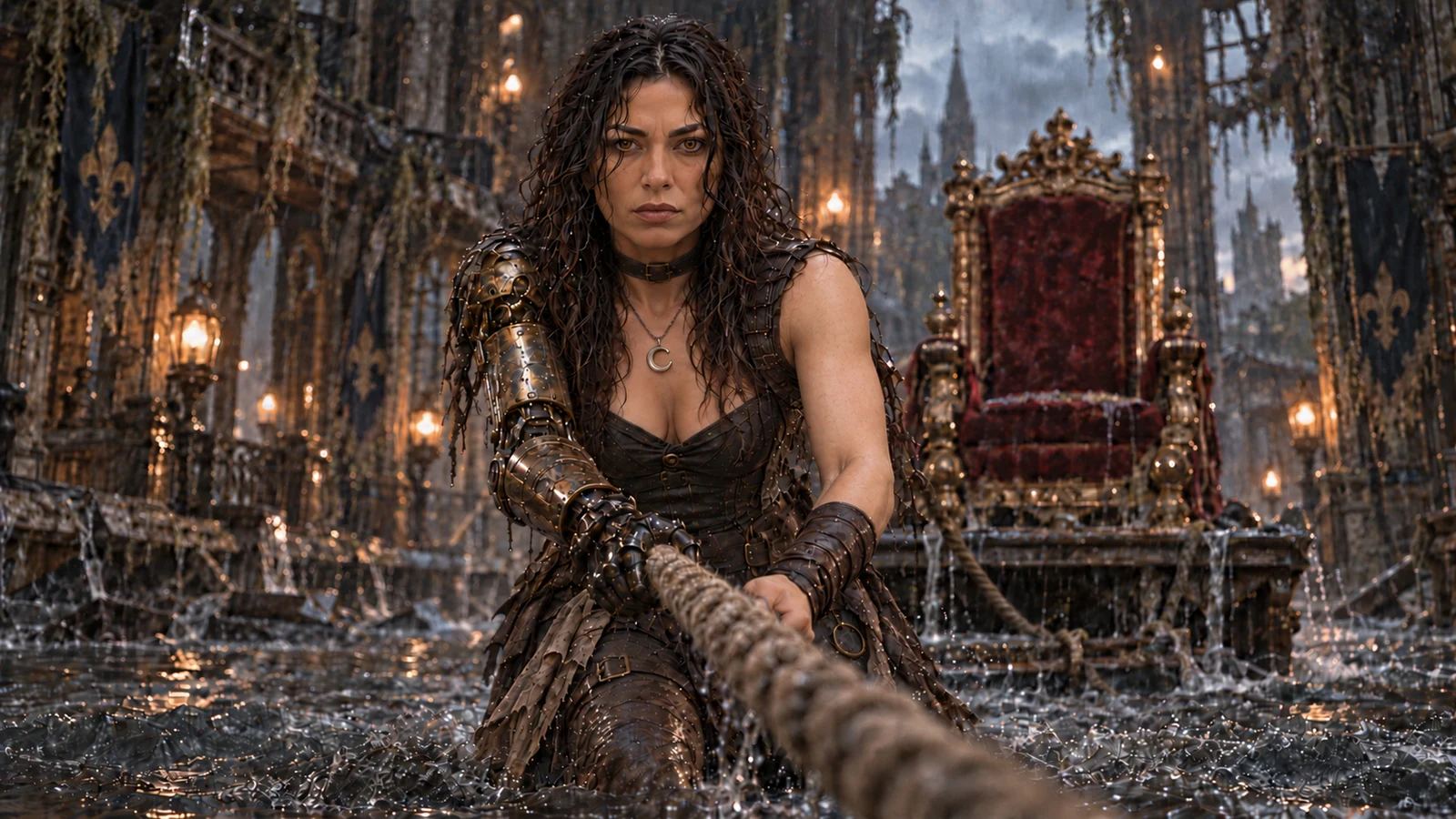 Sable pulls a thick rope attached to a throne through a flooded hall.
