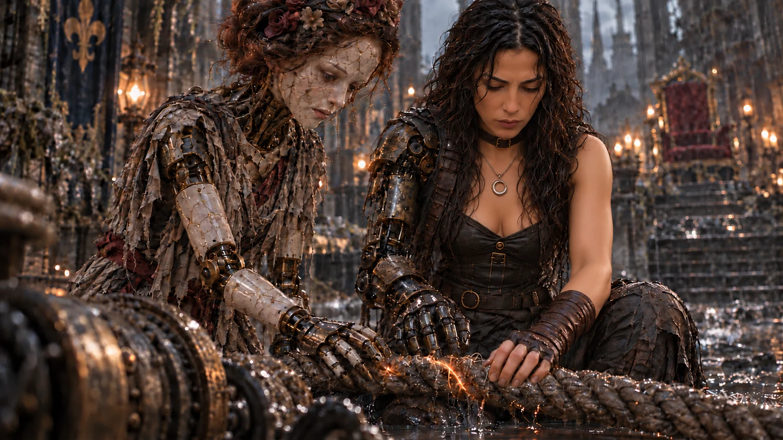 Sable and an Achewoven kneel over a rope as amber light traces its fibers.