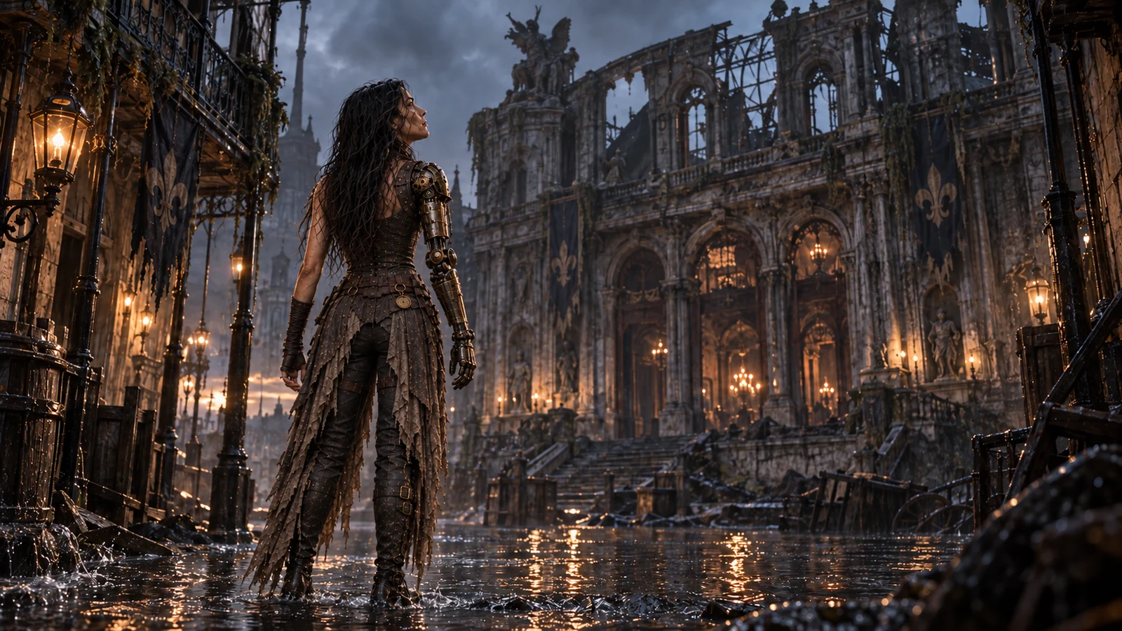 Sable stands in a flooded street surrounded by the ruined buildings of New Orleans.