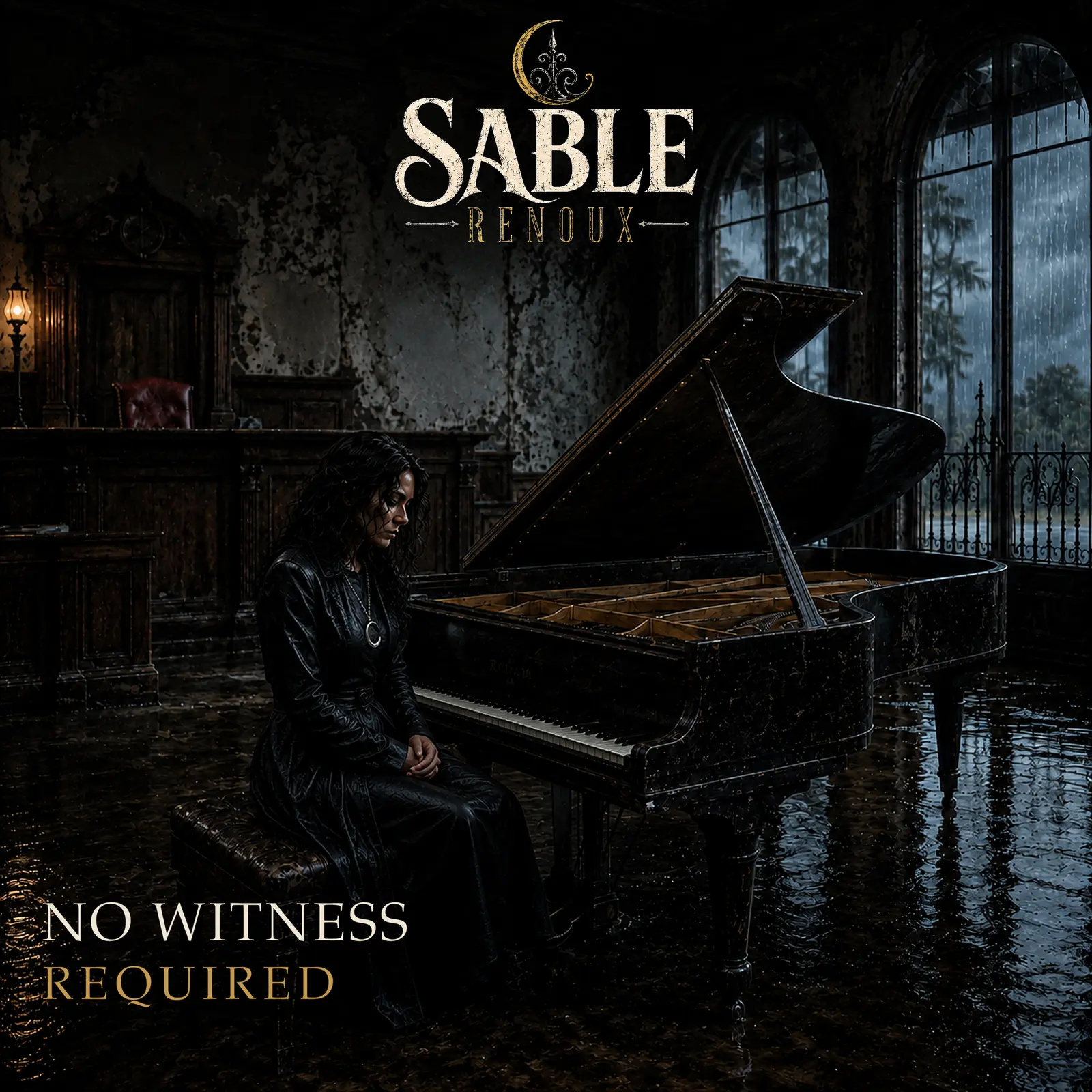 Sable Renoux beside a weathered grand piano